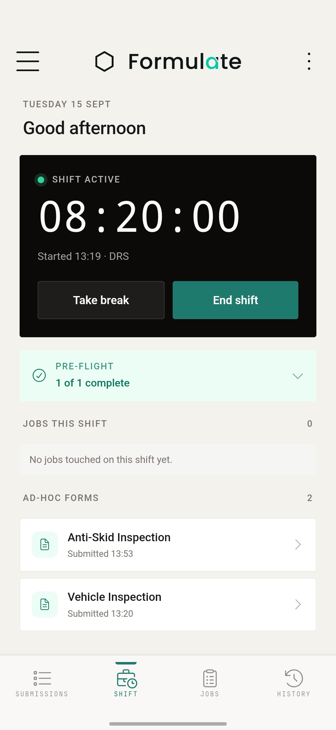 Mobile shift screen showing the day's timeline