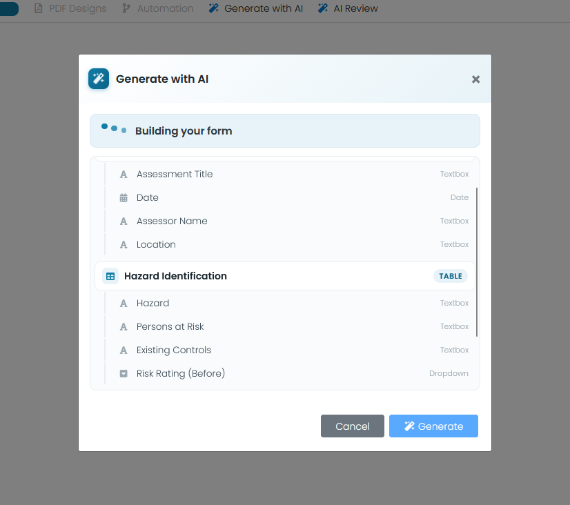 AI form builder and review screen